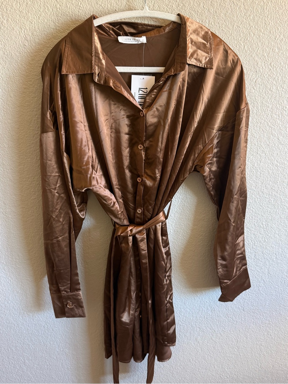 NWT 12th Tribe Satin Brown Mini Dress Tie Waist Brown Flowy Fall Size Large